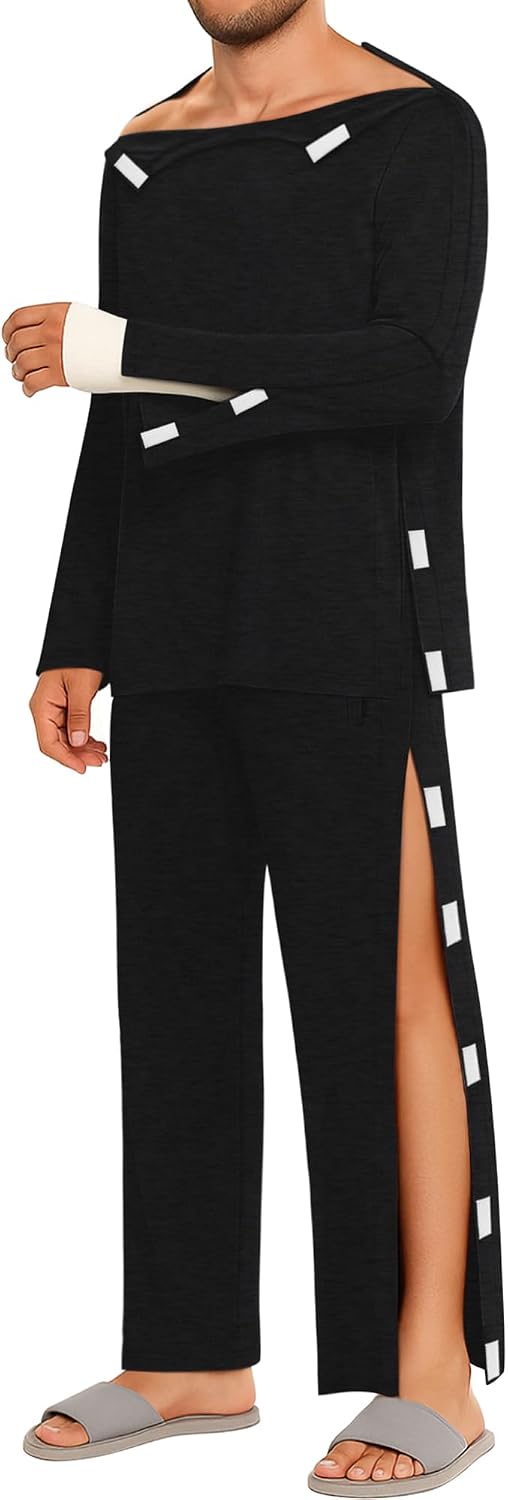 August Alley Men Full Tear Away Suit Set 2 Pcs Open Post Shoulder Shirt invalid Pants Recovery Pajama Fracture Care Bedridden