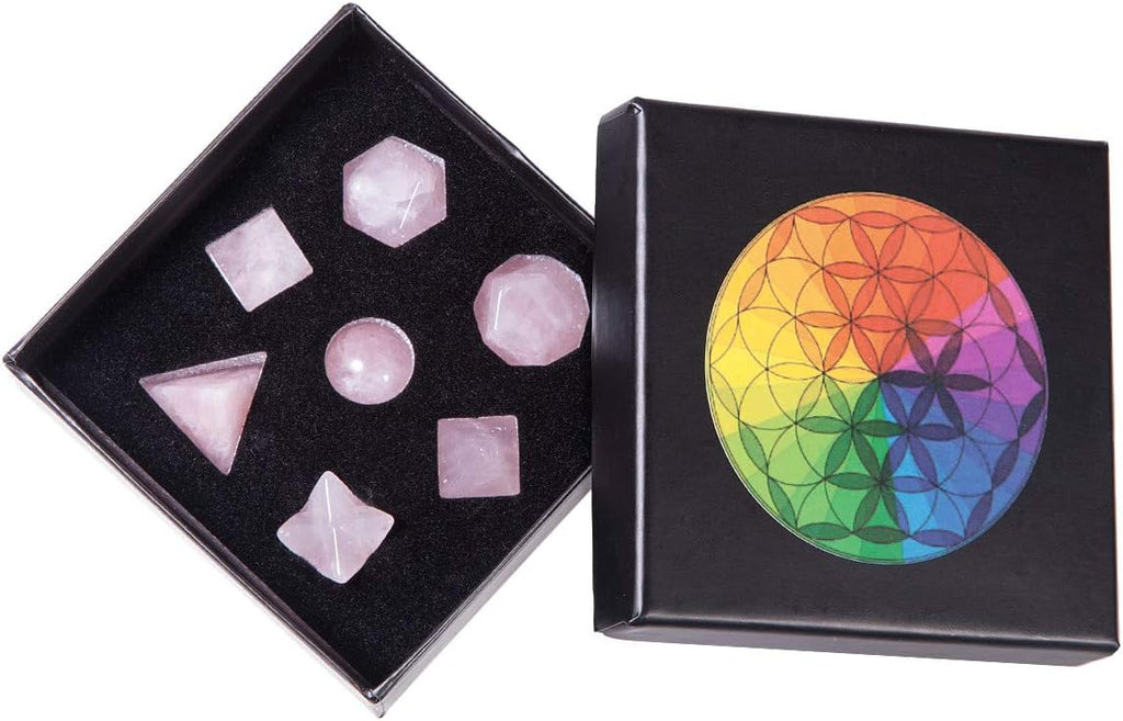 mookaitedecor 7 PCS Crystal Rose Quartz Platonic Solids Sacred Geometry Set, Polished Tumbled Stones with Merkaba Star Kit for Reiki Healing and Meditation