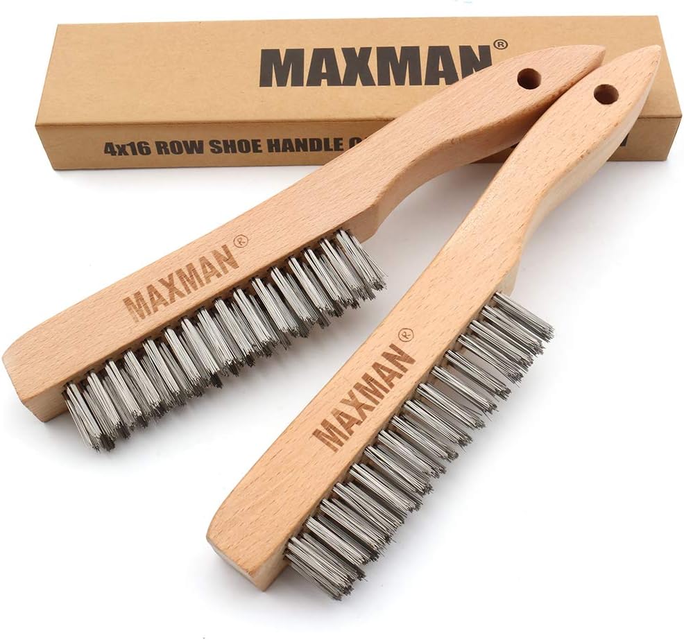 MAXMAN Wire Brush, Heavy Duty Stainless Steel Wire Brushes for Cleaning Rust, Grill Brush, Steel Brush for Paint Removal, Welding, Stiff Bristle Metal Brush with 10" Long Beech Handle, Large, 2Pcs