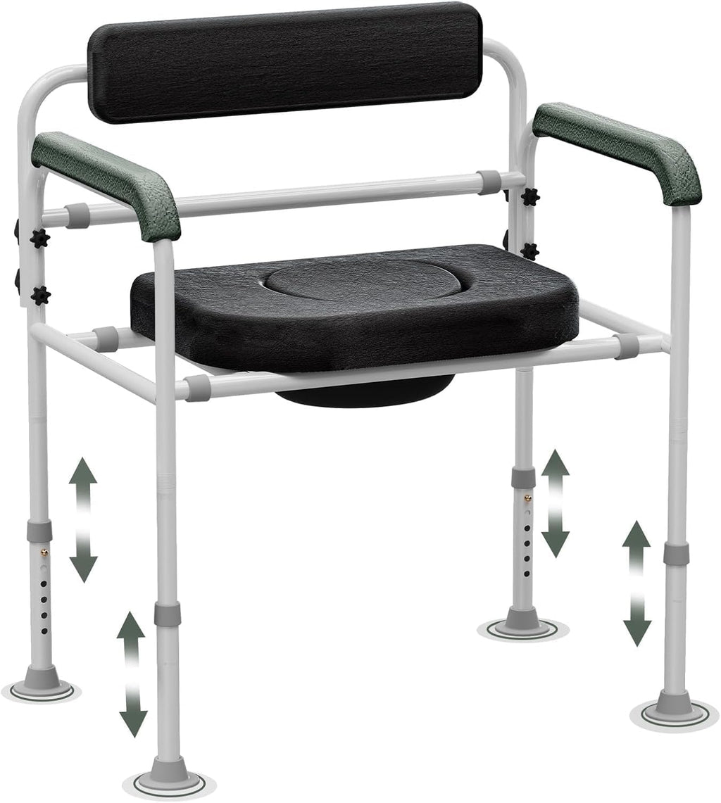 Adjustable Medical Bedside Commode Chair with Padded Backrest, Height Adjustable, Drop Arm Support