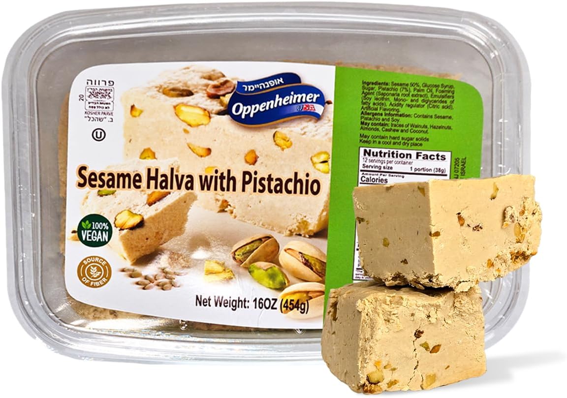 Sesame Halva with Pistachio – Delicious Sweet Israeli Snacks Sesame Tahini Treat Bars for Melt-in-Your Mouth Delight – Perfect Halva Pistachio for Any Occasion – Vegan, Kosher – 16OZ (454g)