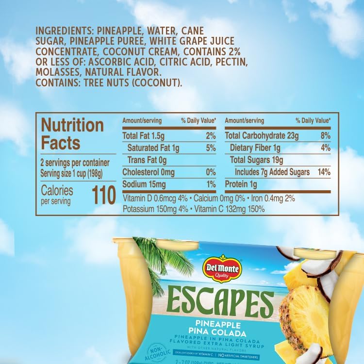 Del Monte Escapes Pineapple Pina Colada, 7 oz Cups, Pack of 6 (12 Cups)