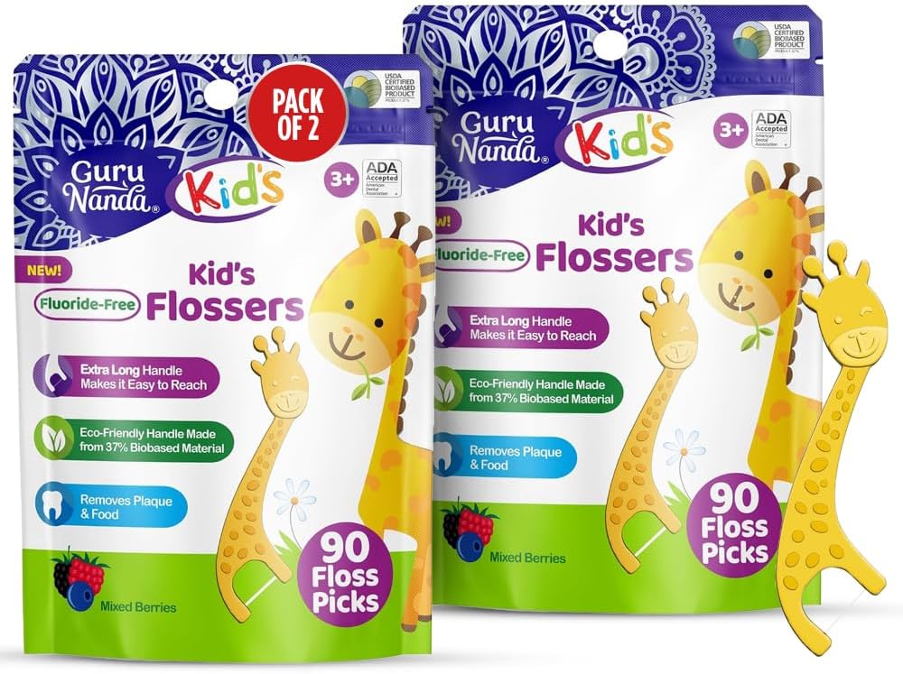 GuruNanda Dental Floss Picks, Berry Flavor, 90 Count, for Kids | Pack of 2 | Giraffe-Shaped | Anti-Slip Design | Ages 3+
