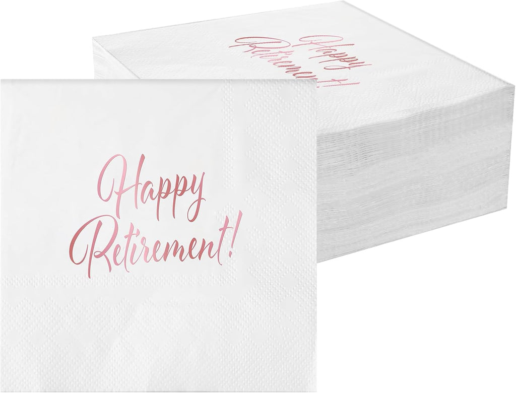 100 Pcs Rose Gold Retirement Napkins Happy Retirement Party Decorations Disposable Rose Gold Napkins Foil Dessert Cake Beverage Cocktail Napkins Supplies for Women Going Away Party Decorations