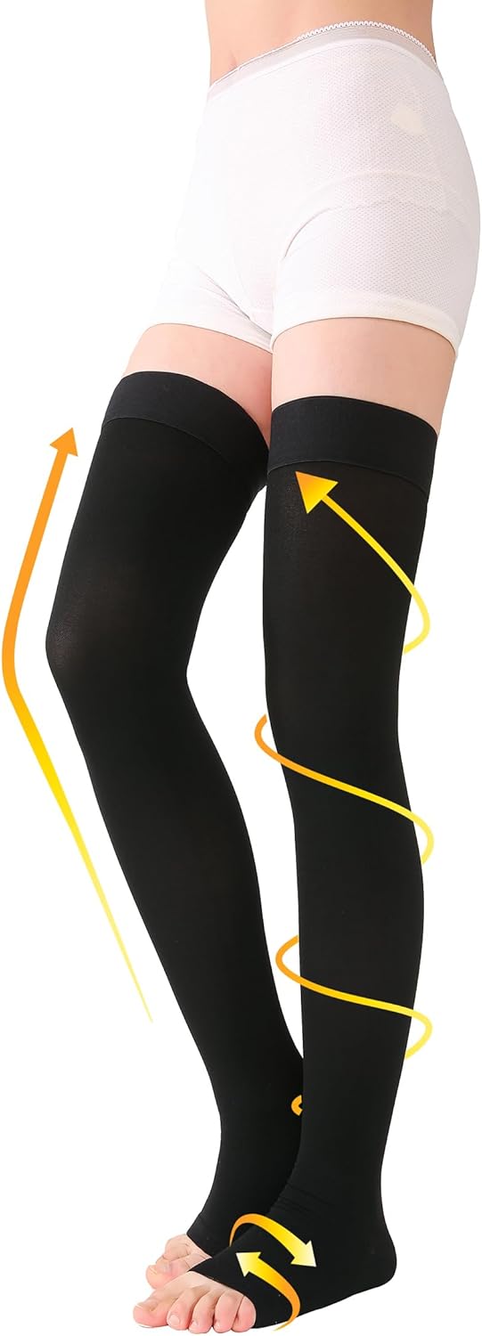 TOFLY® Thigh High Compression Socks for Women & Men (Pair), Open Toe, Opaque, Firm Support 30-40mmHg Graduated Compression Hose, Medical Compression Stockings for Varicose Veins, Edema, DVT,Black L