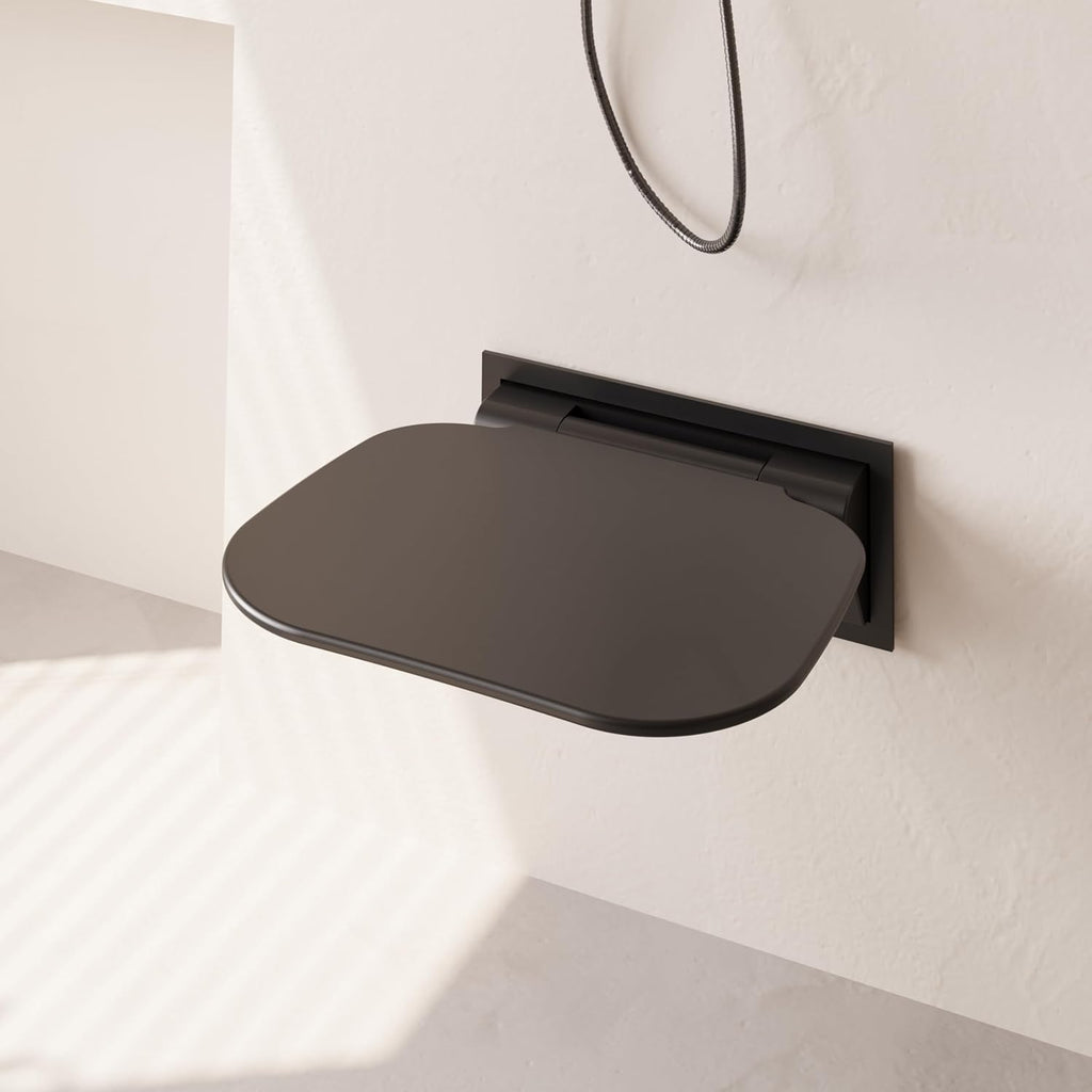 Wall Mounted Shower Seat 15.7" Folding Shower Seat with Embed CS Seat Bracket Bistable Structure UF Shower Seats Aluminum Base 440lb Load Capacity for Bathroom Remodel, Matte Black