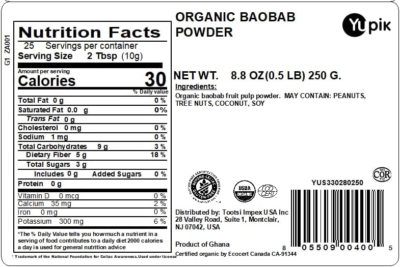 Yupik Organic Baobab Powder 8.8 oz, USDA Certified, Non-GMO, Vegan, Gluten-Free, Kosher, High in Fiber, Tart Superfood for Smoothies, Juices & Baking