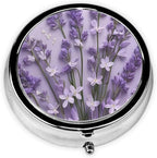 Pill Box 3 Compartment Pocket Small Pill Organizer Mini Metal Pill Holder Travel Portable for Woman Old People and Kids - Purple Lavender Flower