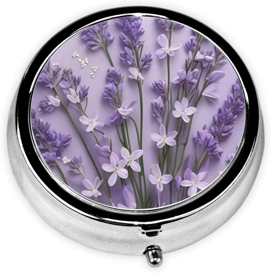 Pill Box 3 Compartment Pocket Small Pill Organizer Mini Metal Pill Holder Travel Portable for Woman Old People and Kids - Purple Lavender Flower