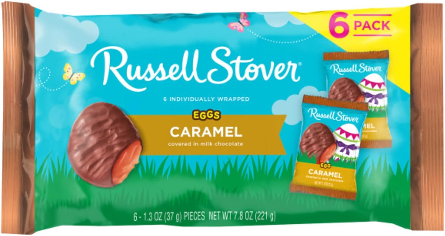 Russell Stover Milk Chocolate Caramel Eggs - Pack of 6 - Delicious Caramel Center with a Tasty Chocolate Shell - Perfect for Easter Baskets