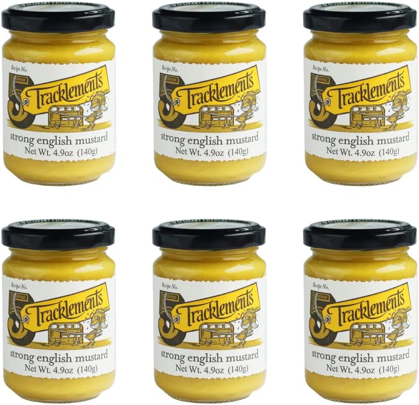 TRACKLEMENTS - Strong English Mustard - Spicy Hot Yellow Mustard, Condiments for Recipes - Sauce Goes with Steaks & Burgers - Gluten Free, VEGAN, Non-GMO - 4.94oz Jar - Pack of 6