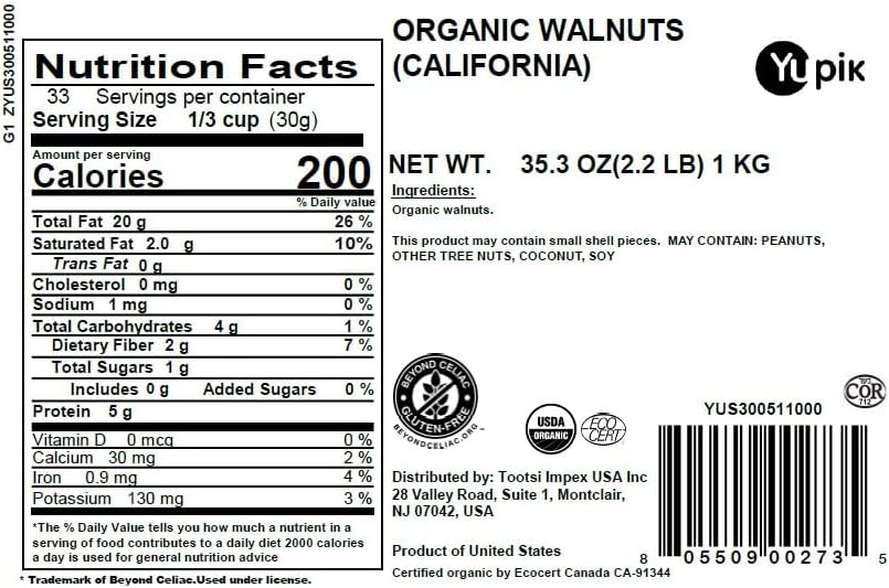 Yupik Organic Raw California Walnuts, Halves, 2.2 lb (35.2 oz), Kosher, Gluten-Free, Non-GMO, Vegan, Half Nuts, Unsalted, Unroasted, Source of Omegas, Healthy Snacks, Ideal for Baking & Cooking