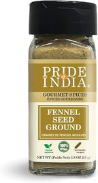 Pride of India – Fennel Seed Ground – Natural & Gourmet Spice – Perfect Addition to Tea/Drinks/Roast/Rubs/Bakes/ - Cooling Properties – Easy to Use – 1.8 oz. Small Dual Sifter Jar
