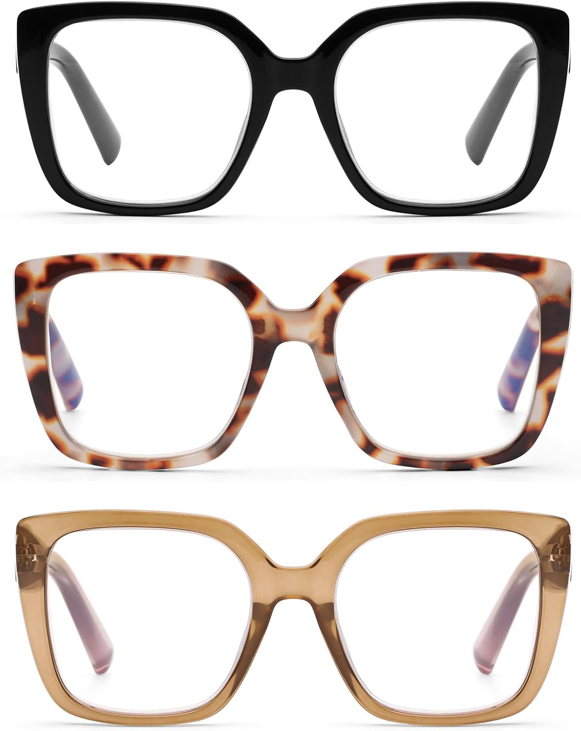DOOViC 3 Pack Oversized Reading Glasses for Women Blue Light Blocking Square Stylish Computer Readers
