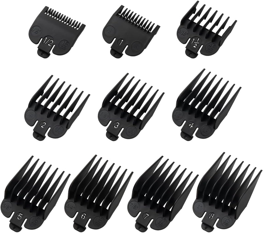 Clipper Guards Set Compatible with Wahl Clippers (Not for All Models), Clipper Guides Replacement - 1/16" to 1", 10 Piece Set, Black Color