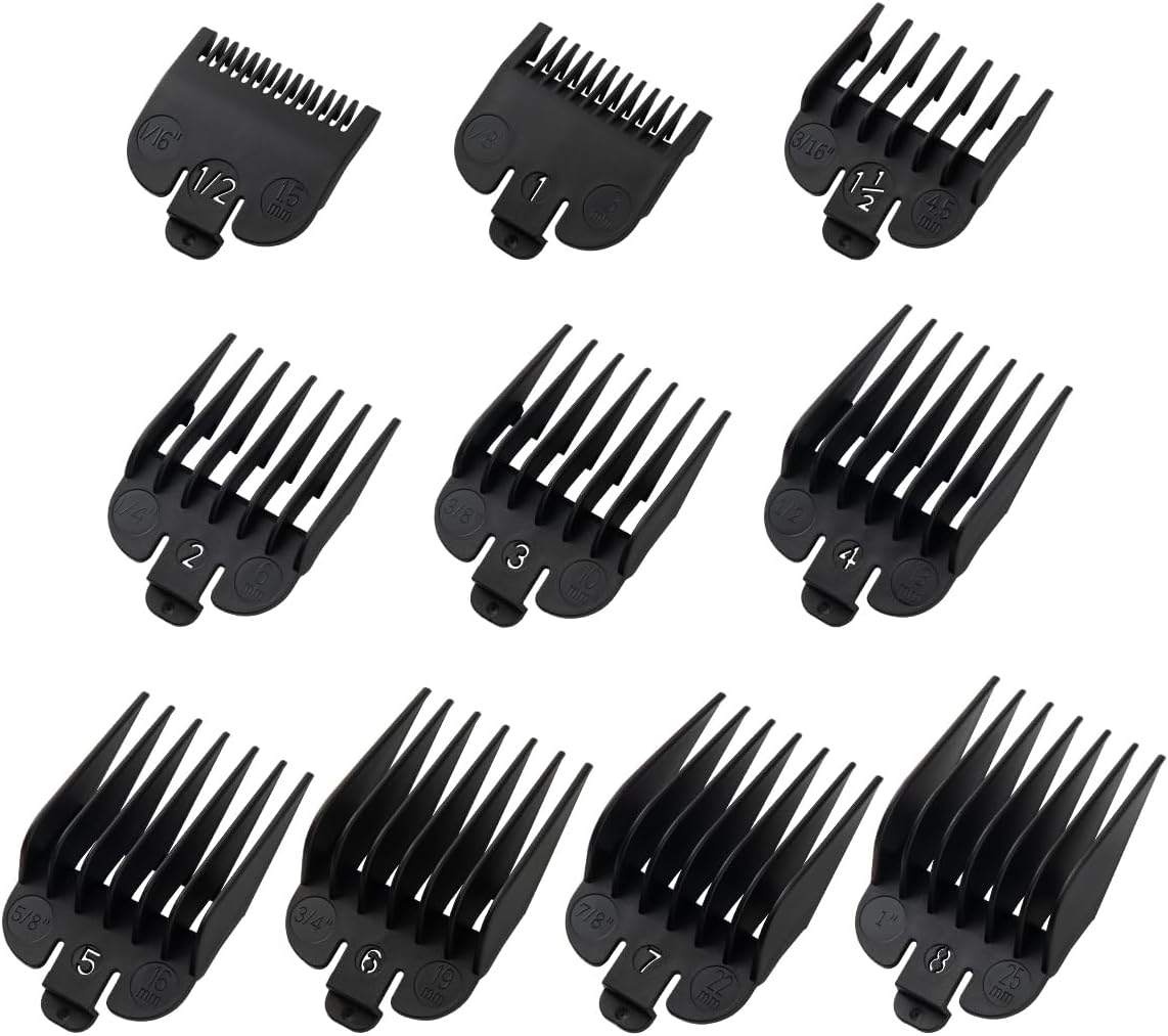 Clipper Guards Set Compatible with Wahl Clippers (Not for All Models), Clipper Guides Replacement - 1/16" to 1", 10 Piece Set, Black Color