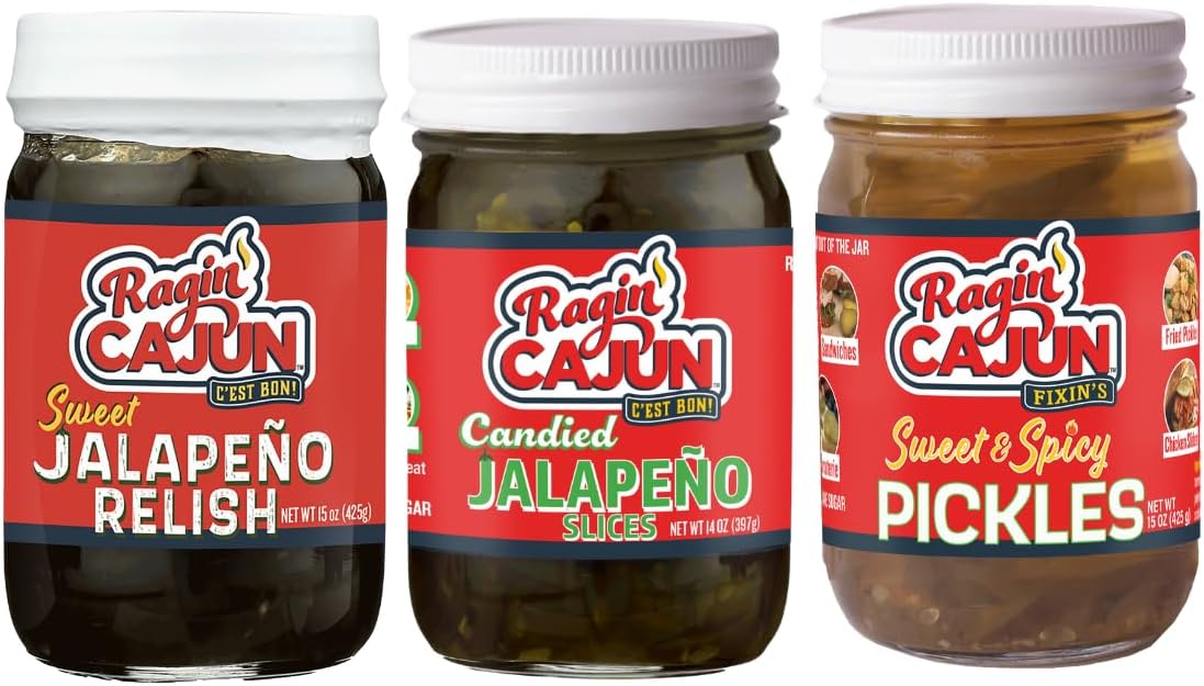 Ragin' Cajun Flavorful Charcuterie Condiment Trio - 1 Jalapeño Relish 15 oz, 1 Jalapeño Slice 14 oz, 1 Spicy Pickle 12 oz, Authentic Louisiana Variety Pack