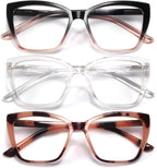 Reading Glasses for Women, 3 pack Fashion Oversized Blue Light Readers for Women, Spring Hinge Cat Eye Glasses Anti Eyestrain (B1 Blackpink Transparent Pink, 1.00)