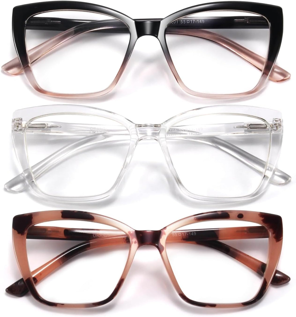 Reading Glasses for Women, 3 pack Fashion Oversized Blue Light Readers for Women, Spring Hinge Cat Eye Glasses Anti Eyestrain (B1 Blackpink Transparent Pink, 1.50)