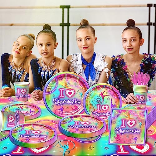 Gymnastics Party Decorations,142pcs Gymnastics Tableware Set I Love Gymnastics Plates Cups Neon Glow Gymnast Table Covers Happy Birthday Banner for Gym Theme Birthday Party Baby Shower