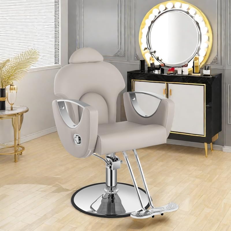 Grey Reclining Barber Chair for Barbershop Home, 360 Swivel Salon Styling Chair for Hair Stylist, Adjustable Hydraulic Beauty Hair Salon Hairstylist Armchair Hydraulic Pump