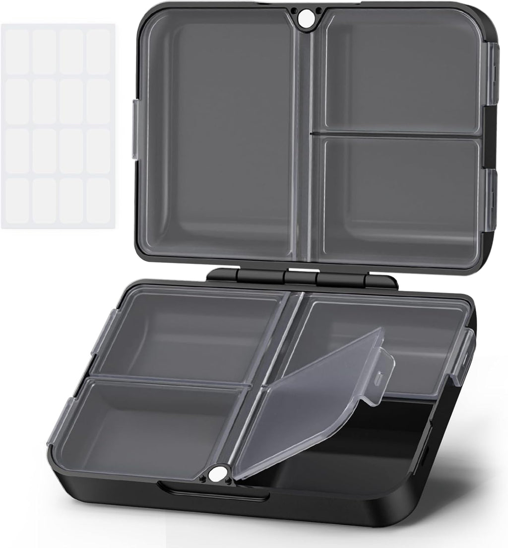 AUVON Daily Pill Organizer Fit with Your Purse or Pocket, Compact Travel Pill Box Case with Slim Folding Design and Long-Lasting Hinges to Hold Vitamin, Fish Oil, Supplement or Jewelry(Black)