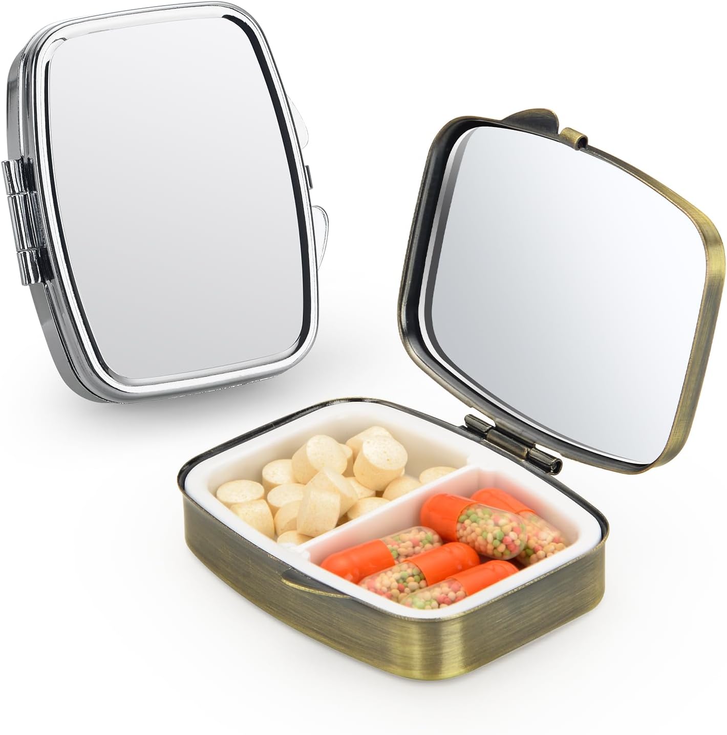 Small Pill Case,(2 Pack) 2 Compartment Pill Box with Mirror Portable Pill Box for Purse, Mini Pill Container Medicine Case for Vitamin, Cod Liver Oil, Supplement (Silver, Bronze)