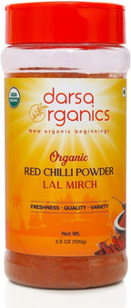 Darsa Organics Indian Red Chili Powder 3.5 oz - USDA Organic Certified Premium Red Chili Powder Organic from India, Non-GMO, Kosher, Gluten Free Chilli Powder Seasoning for Authentic Indian Dishes & Recipes, Packed in a convenient Food Grade PET Jar