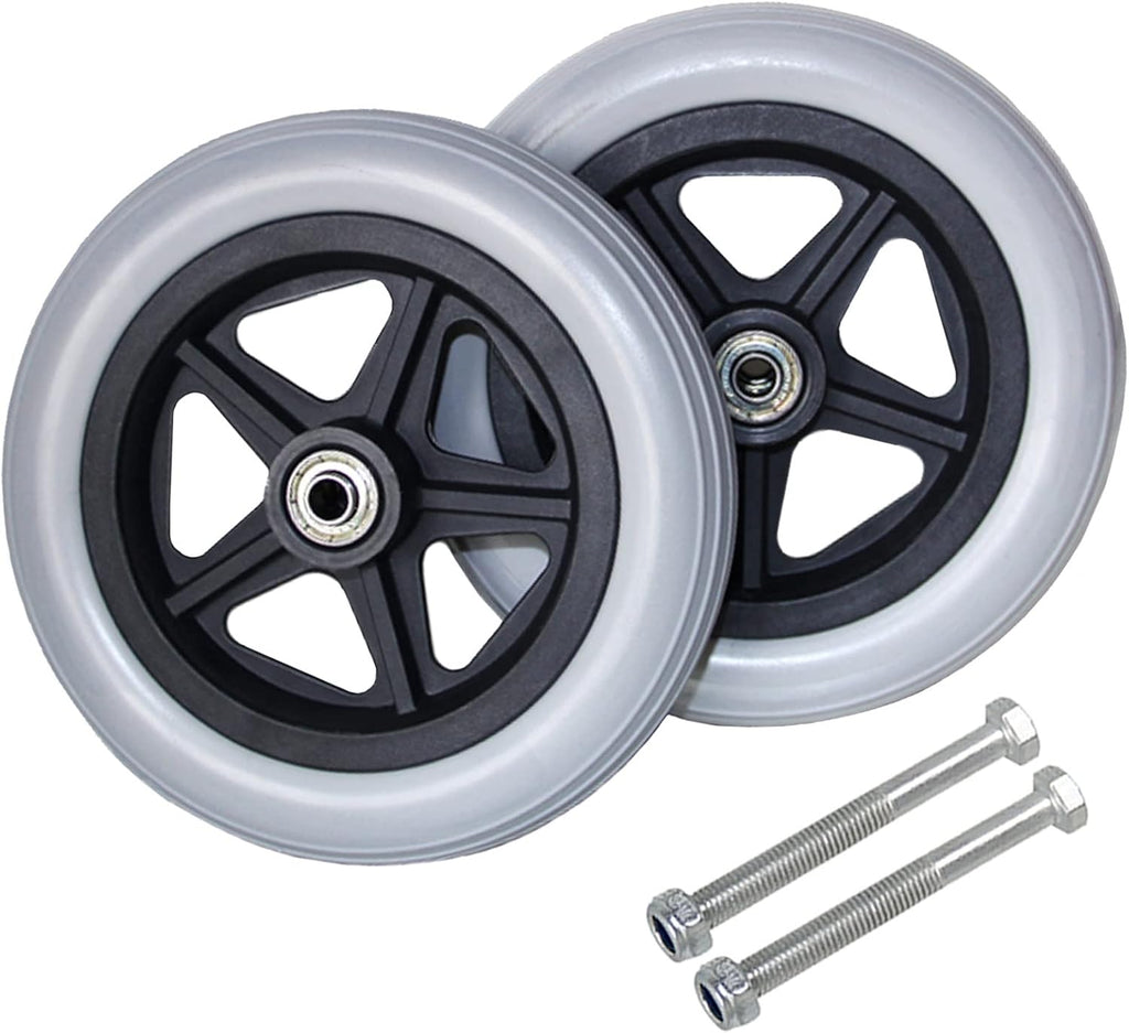 LIGUOYI Solid Rubber Wheelchair Front Rear Caster 2 Pcs, 6inch 7inch 8inch Wheelchair Wheels, Manual Wheelchairs Wheel Replacement Part, with Bearing, for Wheelchairs, Rollators, Walkers, Black Grey