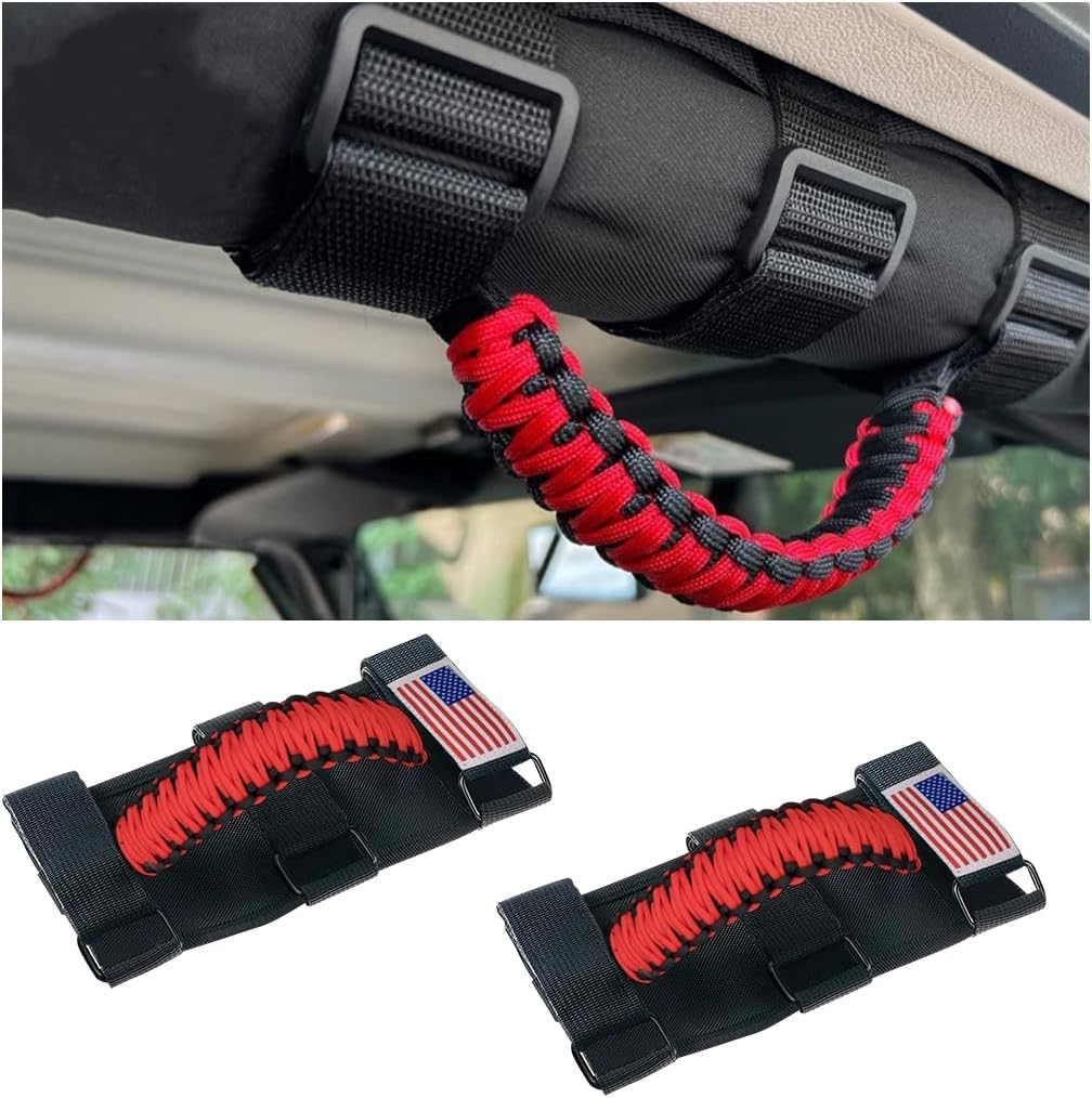 HZEL 2PCS Roll Bar Grab Handles, Oxford Cloth Upgrade Metal Buckle Paracord Grip Handles, Durable and Strong Car Accessories, Compatible with Wrangler JL, JLU, JT, JK, JKU, TJ, LJ and YJ (Red)