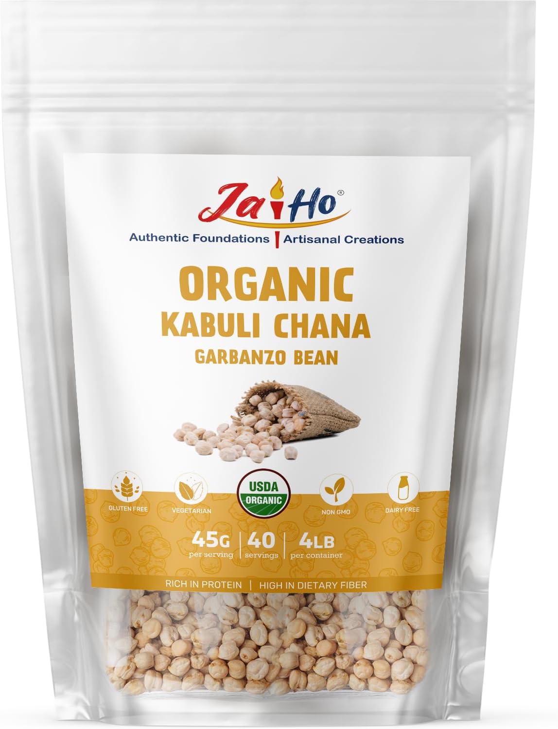 Jai Ho Certified Organic Kabuli Chana Garbanzo Beans 4 lb | Chickpeas Lentils | Indian Kabuli Chole Chana | USDA Organic | Non-GMO | Chemical-Free | Premium Quality Kosher (4 Pound, Kabuli Chana)