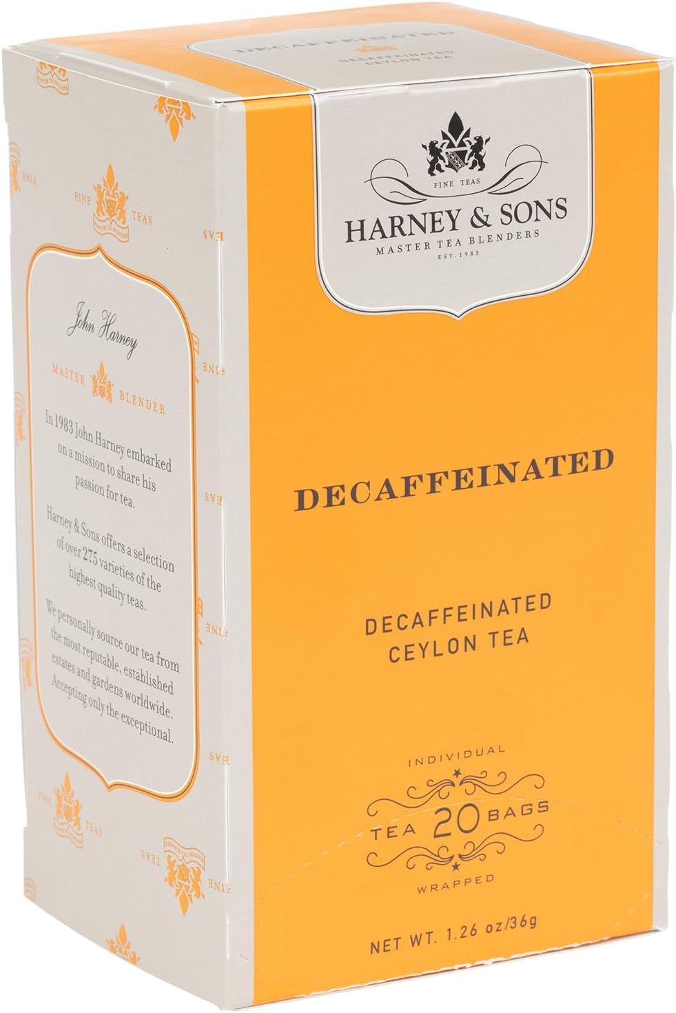 Harney & Sons Black Tea, Decaffeinated Ceylon, 20 Tea Bags, 1.26 oz./36 grams