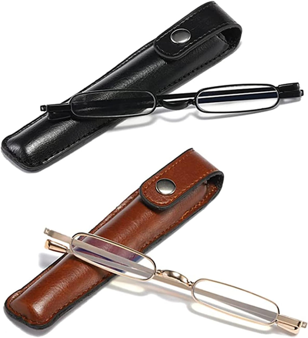 Hubeye 2 Pairs Mini Reading Glasses Ultra thin Metal Lightweight Portable Anti-Blue Light Reader with Glasses Holster +3.5
