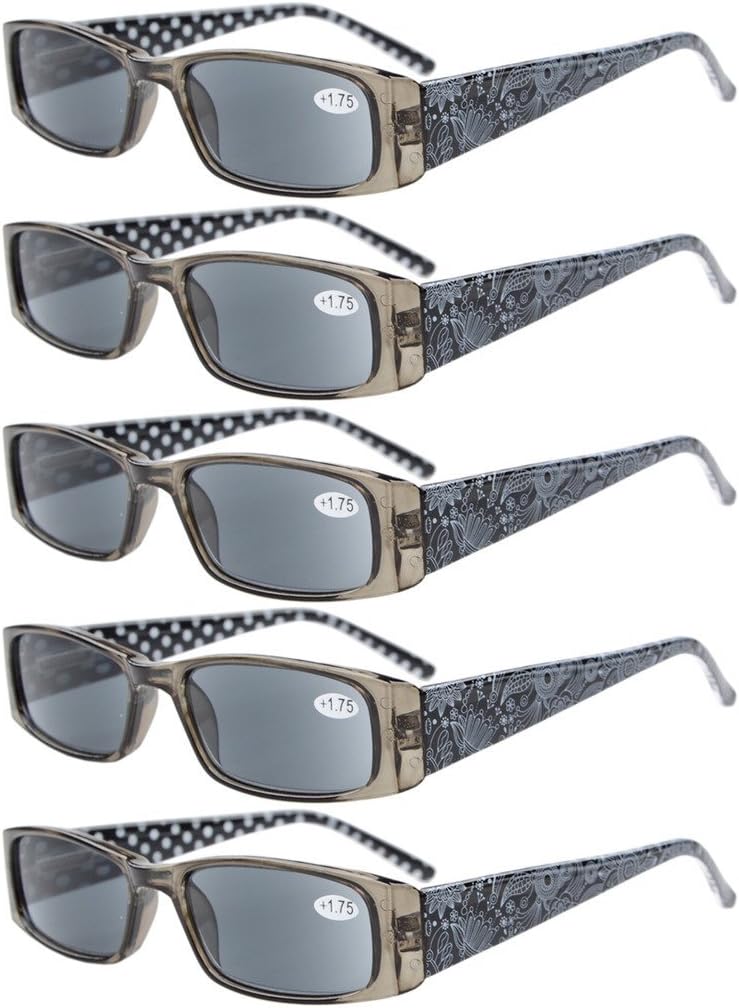 Eyekepper 5-Pack Spring Hinges Polka Dots Patterned Temples Rectangular Reading Sunglasses Sunshine Readers +2.25