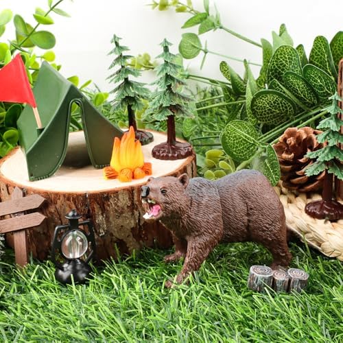 Hooqict Camping Cake Decorations with Mini Tent, Campfire, Tree, Camp Sign, Animal Camping Cake Toppers & Cupcake Toppers for Forest Camp Themed Birthday Party Decorations Supplies