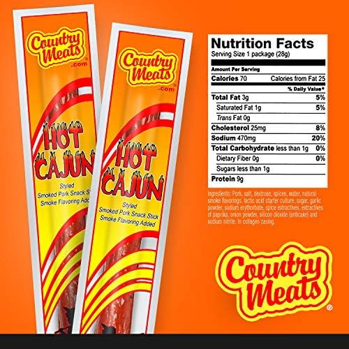 Country Meats, Meat Sticks, 0 Trans Fat, USDA Certified, Good Source of Protein, Carb Conscious Snack (10 Meat Sticks, Hot Cajun)