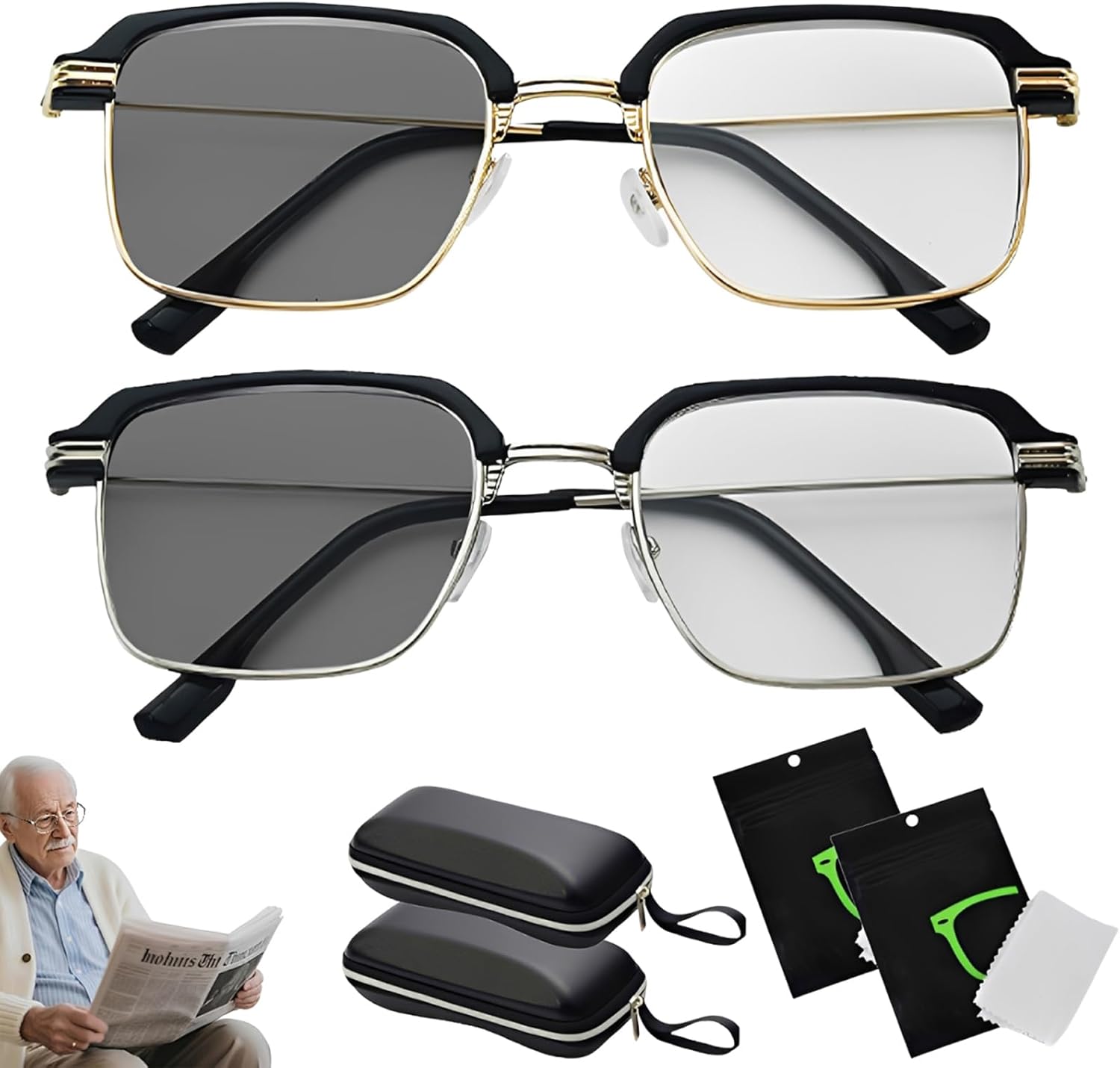 Smart Zoom Reading Glasses with Progressive Multi-Focus, Auto Focus Self Adjusting, Photochromic Lenses for Men & Women
