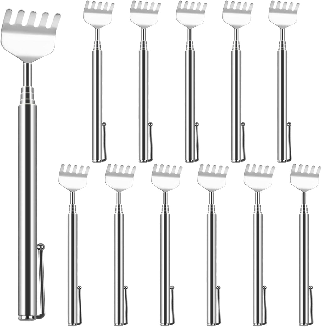 12PCS Stainless Steel Back Scratchers for Women Men with Pocket Clip Portable Telescoping Metal Claw Back Scratchers/Hand Massager Tool for Thanksgiving Birthday Christmas Gifts