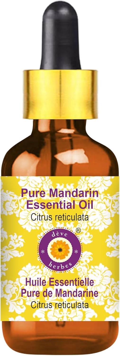 Deve Herbes Pure Mandarin Essential Oil (Citrus reticulata) with Glass Dropper Steam Distilled 10ml (0.33 oz)