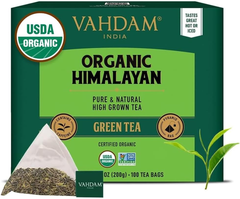 VAHDAM, Organic Himalayan Green Tea (100 Count) High Grown, Non GMO, Gluten Free, Low Caffeine | Earthy & Smooth | Resealable & Plant-Based Pyramid Tea Bags