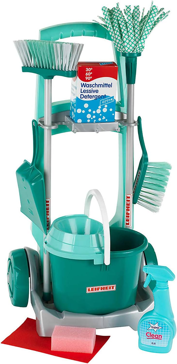 Theo Klein 6562 Leifheit Broom Trolley with Robust Accessories | Incl Mop, Bucket, Broom and Much More I Toys for Children Aged 3 and Over