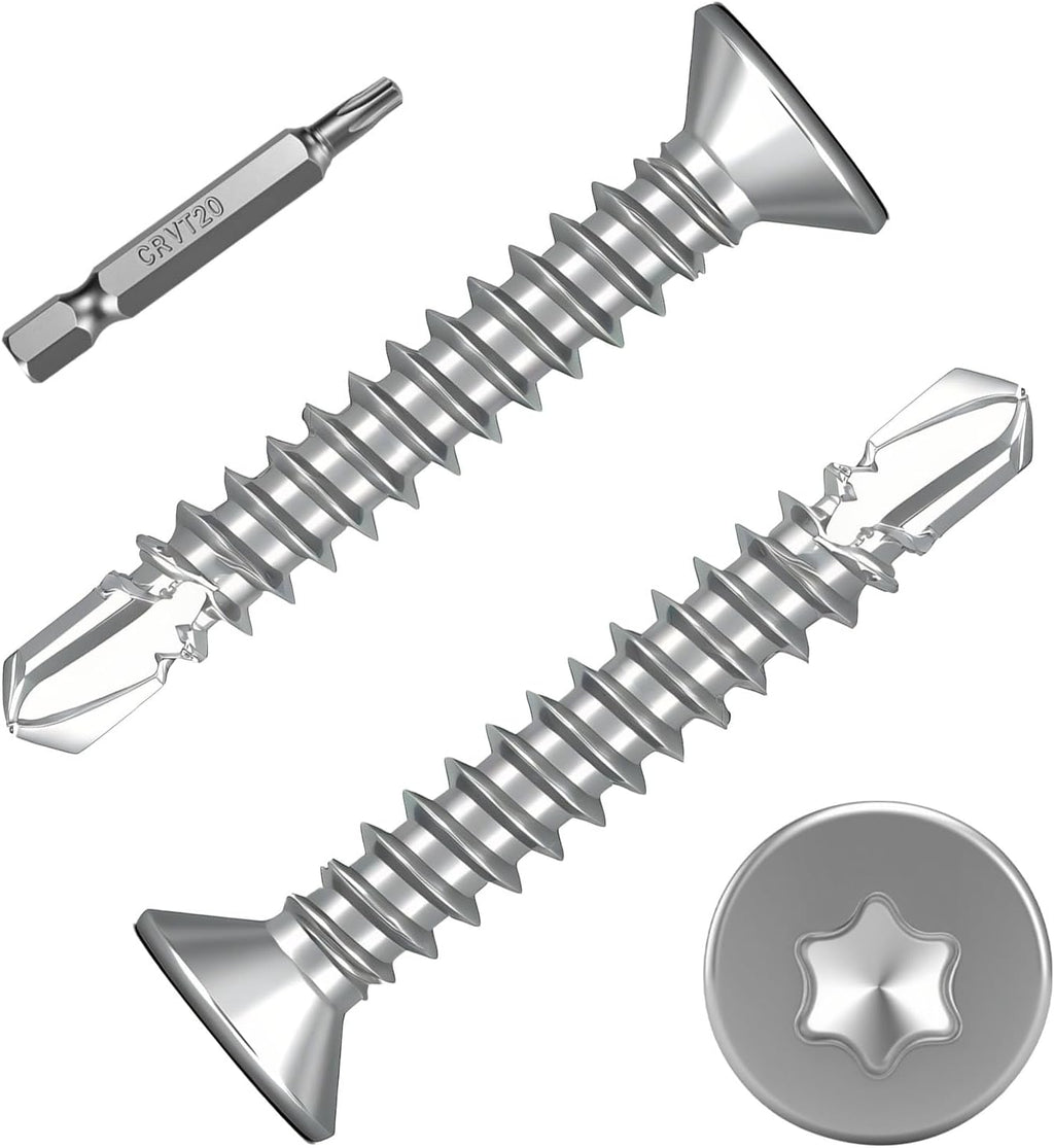 100Pcs Torx Drive High-Strength Quick Tapping Screws for Metal, #8 x 1-1/4" Flat Countersunk Head Self Drilling Screws, 410 Stainless Steel Sheet Metal TEK Screws Assortment with 1 Pcs T20 Bits