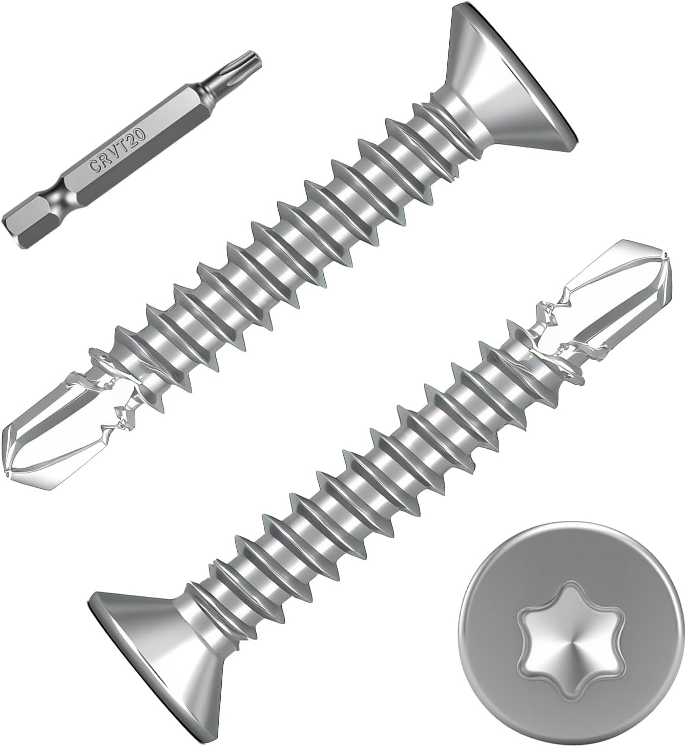 100Pcs Torx Drive High-Strength Quick Tapping Screws for Metal, #8 x 1-1/4" Flat Countersunk Head Self Drilling Screws, 410 Stainless Steel Sheet Metal TEK Screws Assortment with 1 Pcs T20 Bits