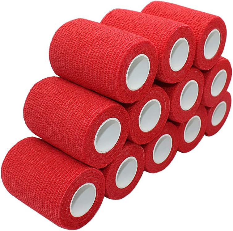 Vet Wrap 3 inch x 12 Pack Red Tape For Skin Bandage Tape Vet Tape Cohesive Bandage Fabric Bandages Self Sticking Bandage Wrap Self Adhering Bandage Wrap Bandage Stretch Self Adhesive Tape