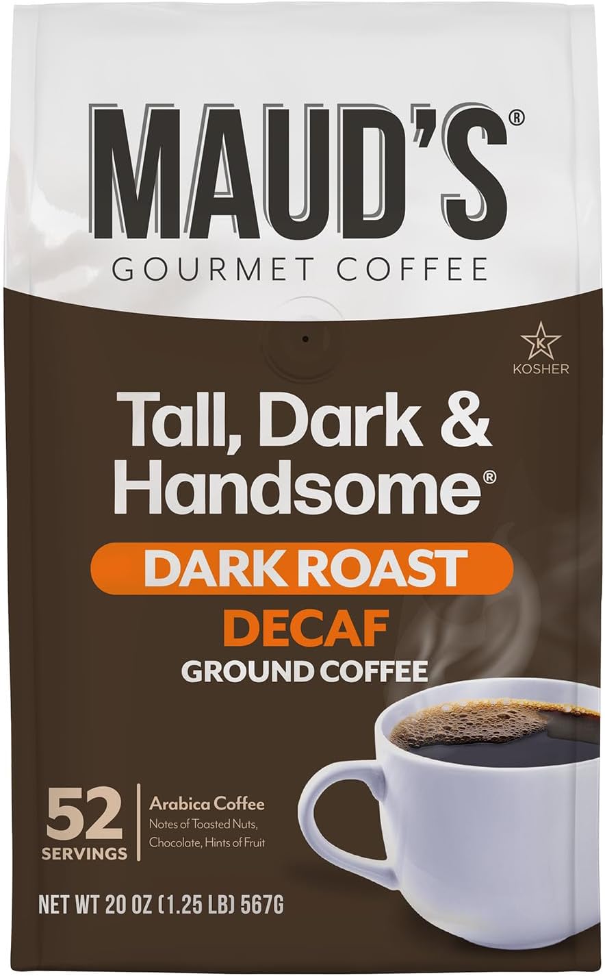 Maud's Decaf Dark Roast Ground Coffee, 1 Bag, (20oz), 100% Arabica Coffee, 52 Servings