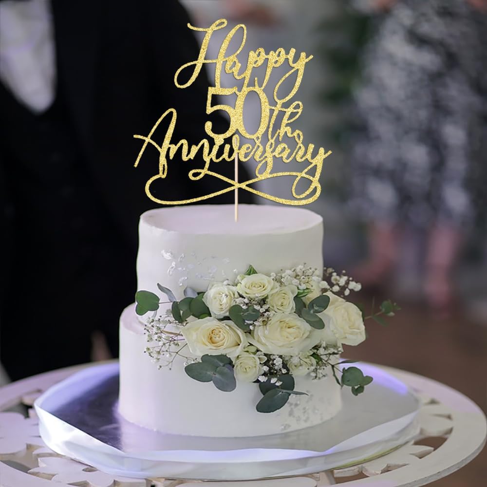 Golden Glitter Happy 50th Anniversary Cake Toppers - Wedding & Company Anniversary Party Decorations, Birthday Party Decorations