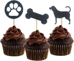 Morndew 24 PCS Black Glitter Dog Palm and Bone Cupcake Toppers for Baby Shower Birthday Party Wedding Party Decorations