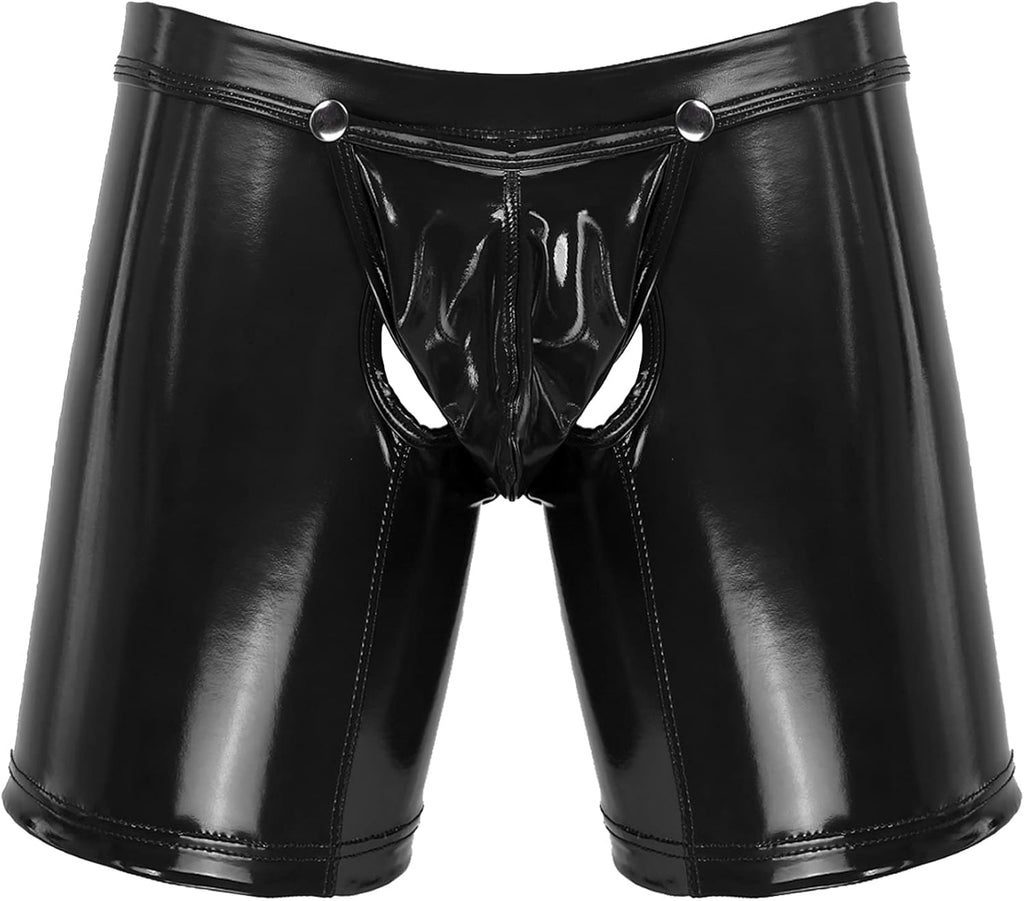 Hedmy Men's Latex PVC Faux Leather Short Pants Solid Buckled Open Crotch Boxer Shorts Hot Pants