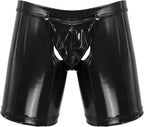 Hedmy Men's Latex PVC Faux Leather Short Pants Solid Buckled Open Crotch Boxer Shorts Hot Pants