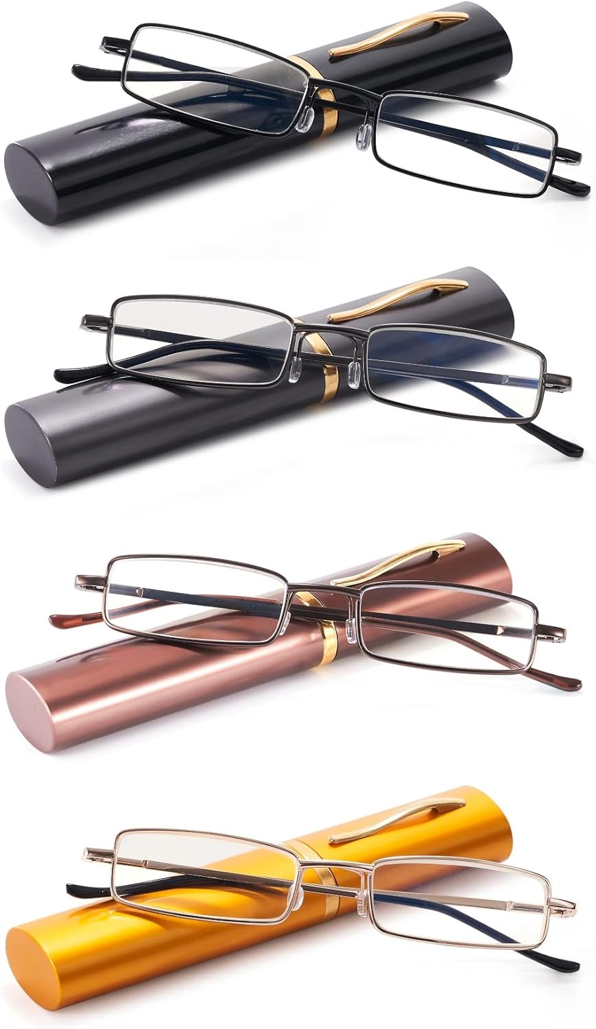 4PACK Reading Glasses Slim Pocket Readers Anti Blue Light with Portable Case for Men Women